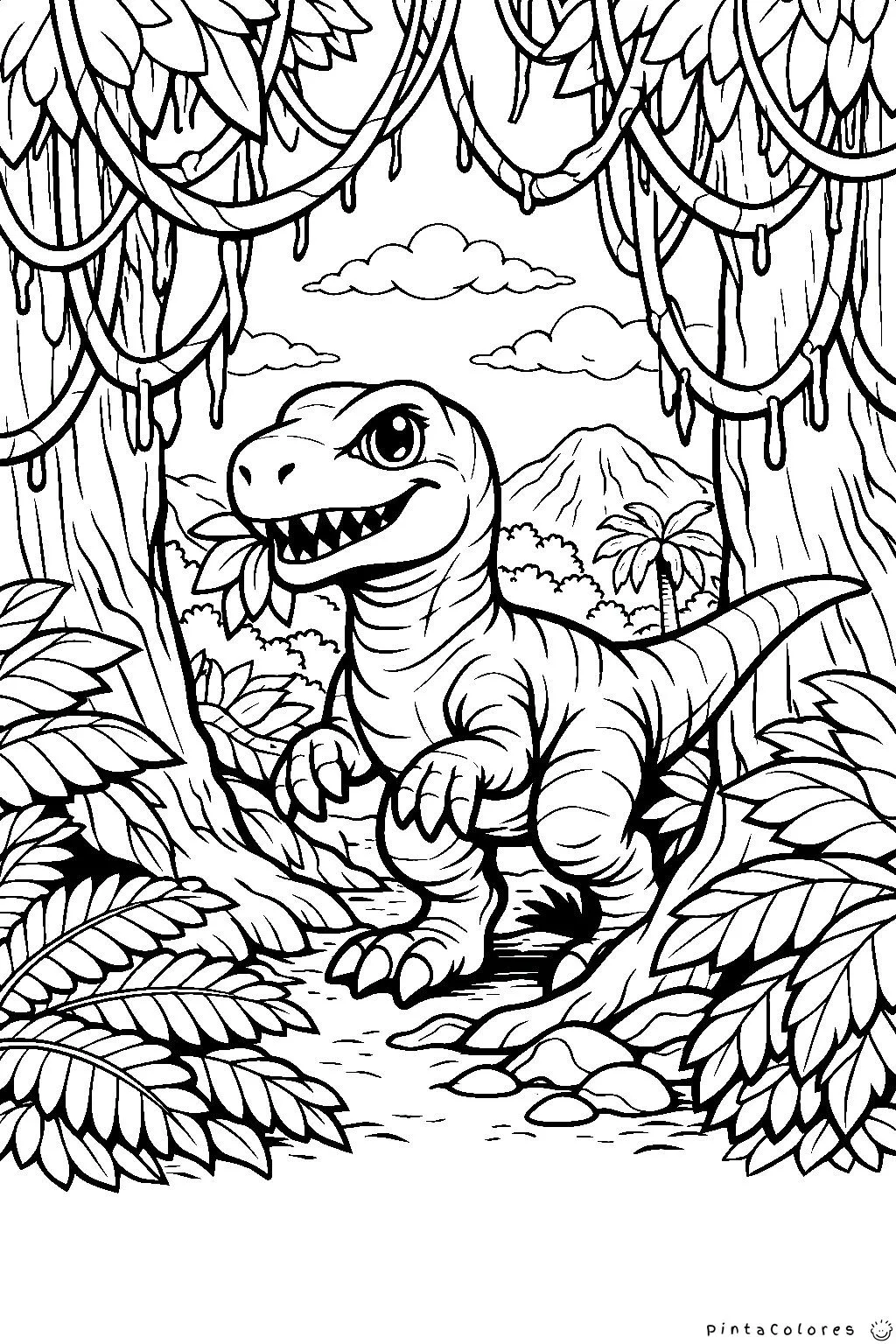Dinosaurio con lianas colgando en la selva para colorear