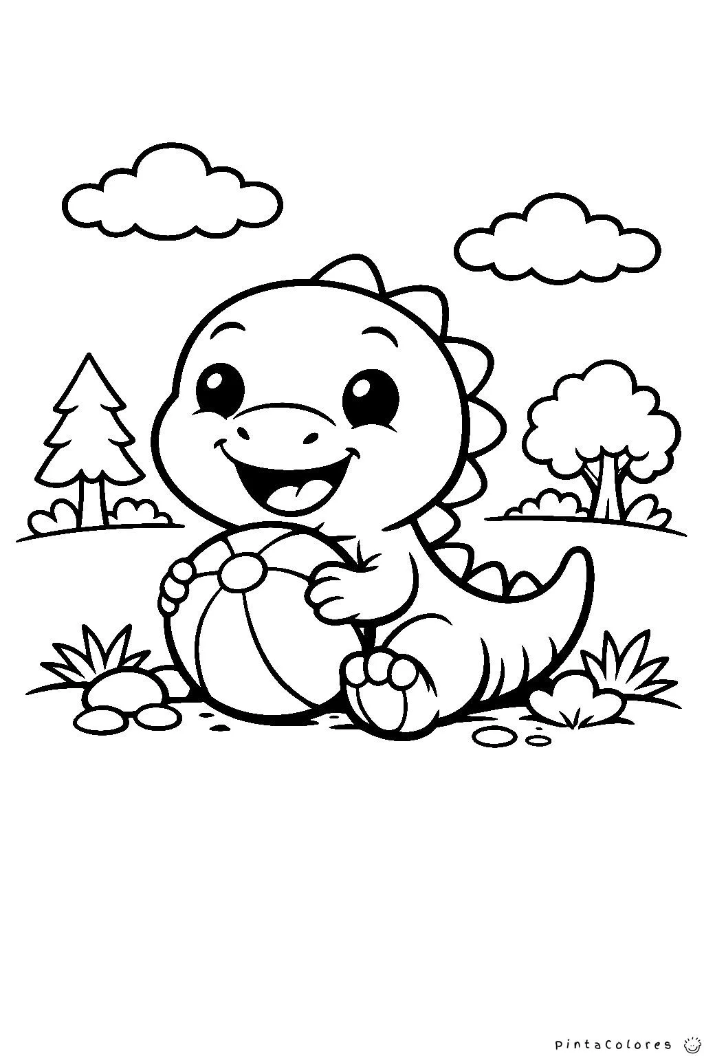 dinosaurio jugando con una pelota dibujo para colorear