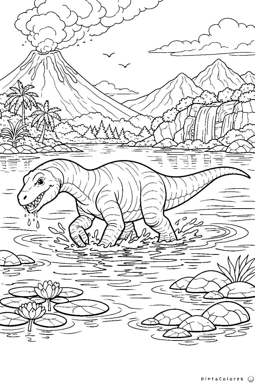 Dinosaurio cruzando un lago para colorear
