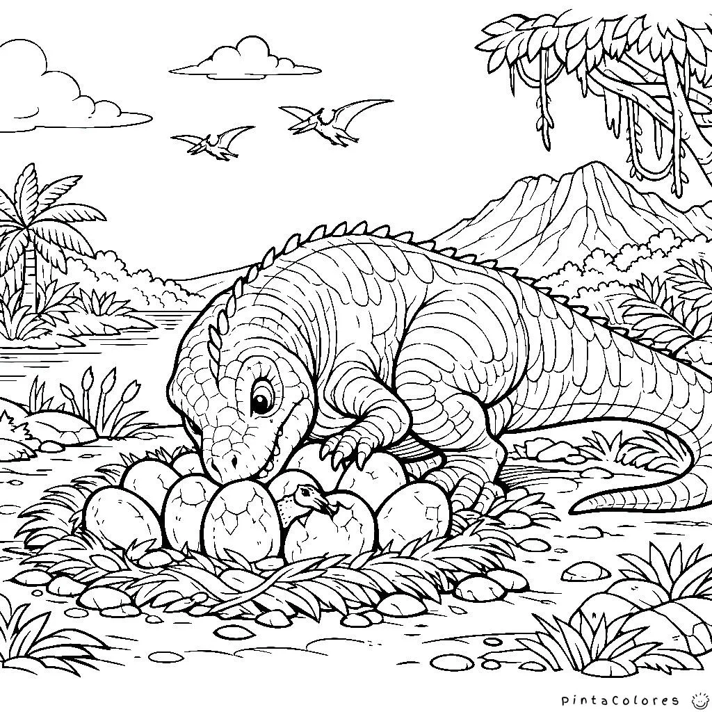 dinosaurio cuidando huevos dibujo para colorear