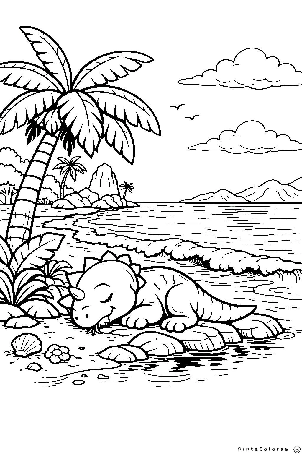 Dinosaurio durmiendo junto al mar con olas suaves para colorear