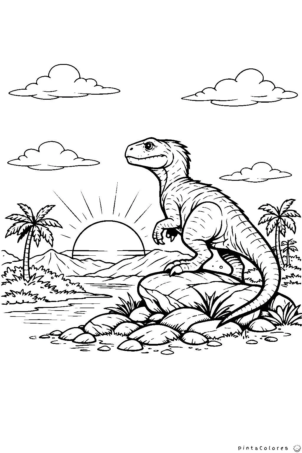 dinosaurio en un atardecer prehistórico dibujo para colorear