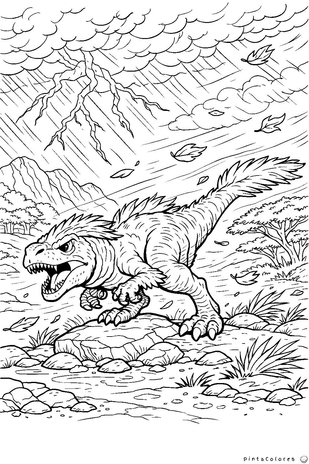 dinosaurio en un día con viento fuerte dibujo para colorear