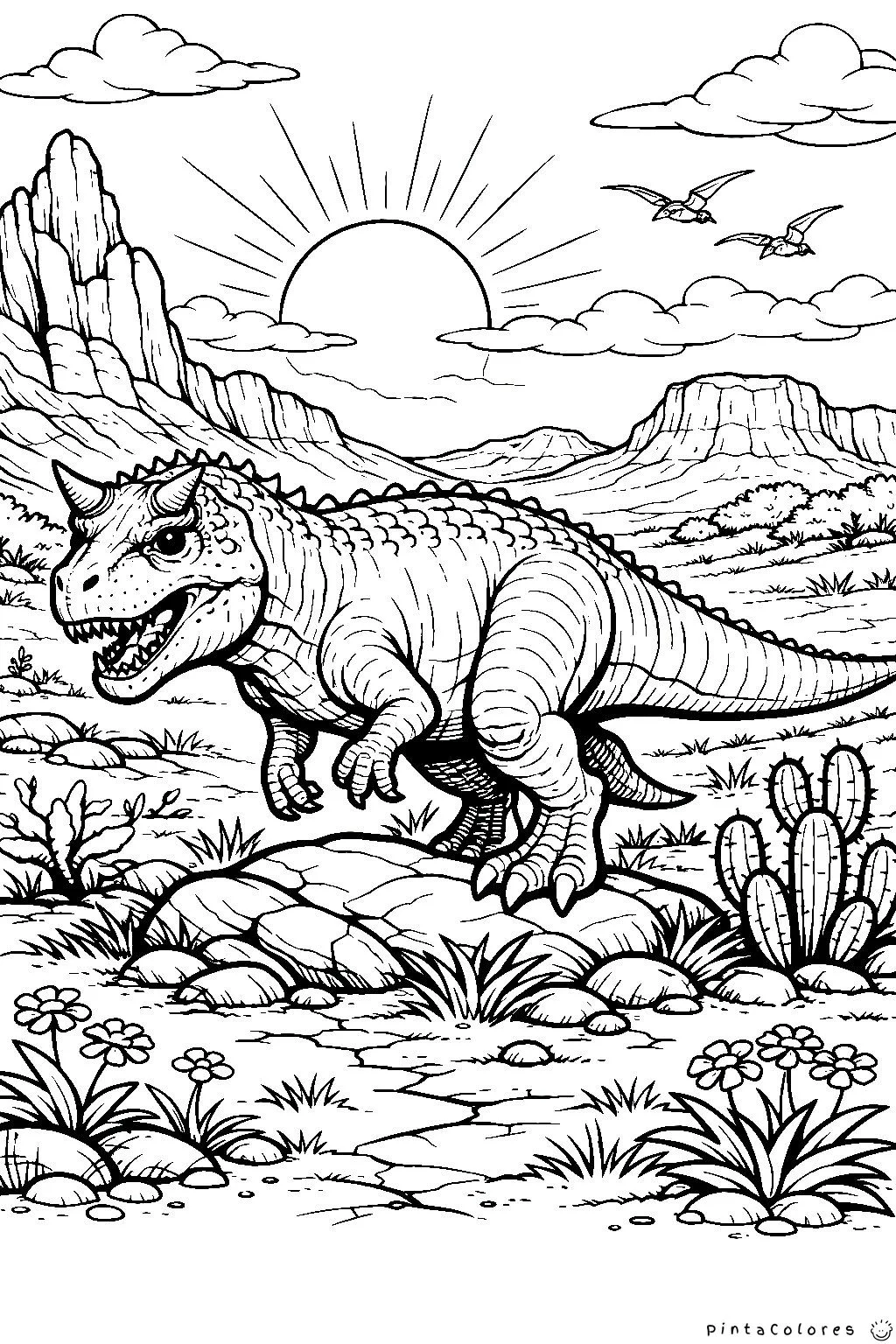 dinosaurio en un paisaje árido dibujo para colorear