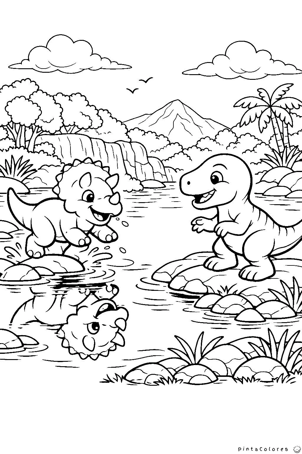 dos dinosaurios pequeños junto a un río con piedras dibujo para colorear
