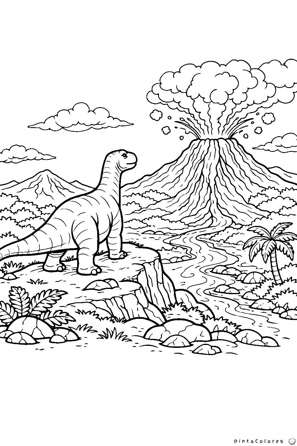 Dinosaurio observando volcán desde una colina para colorear