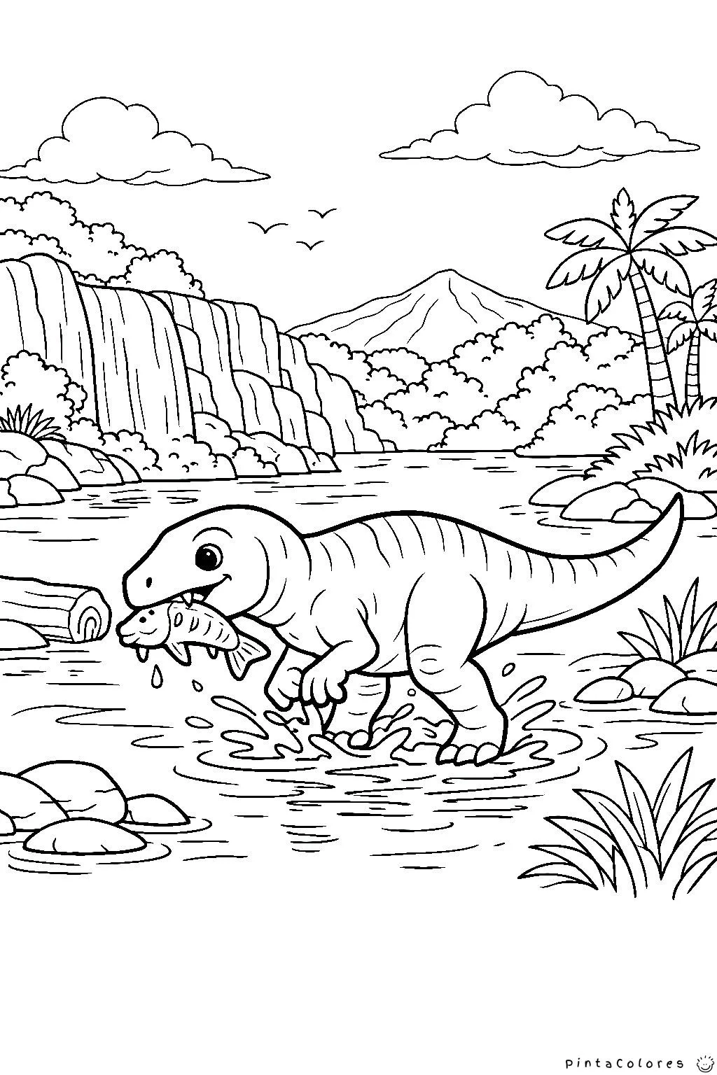 Dinosaurio pescando en el agua para colorear