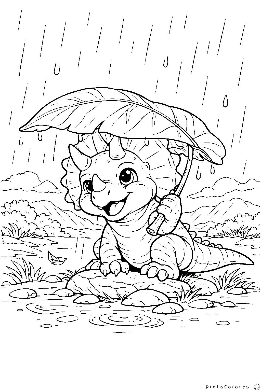 Dinosaurio bajo la lluvia para colorear