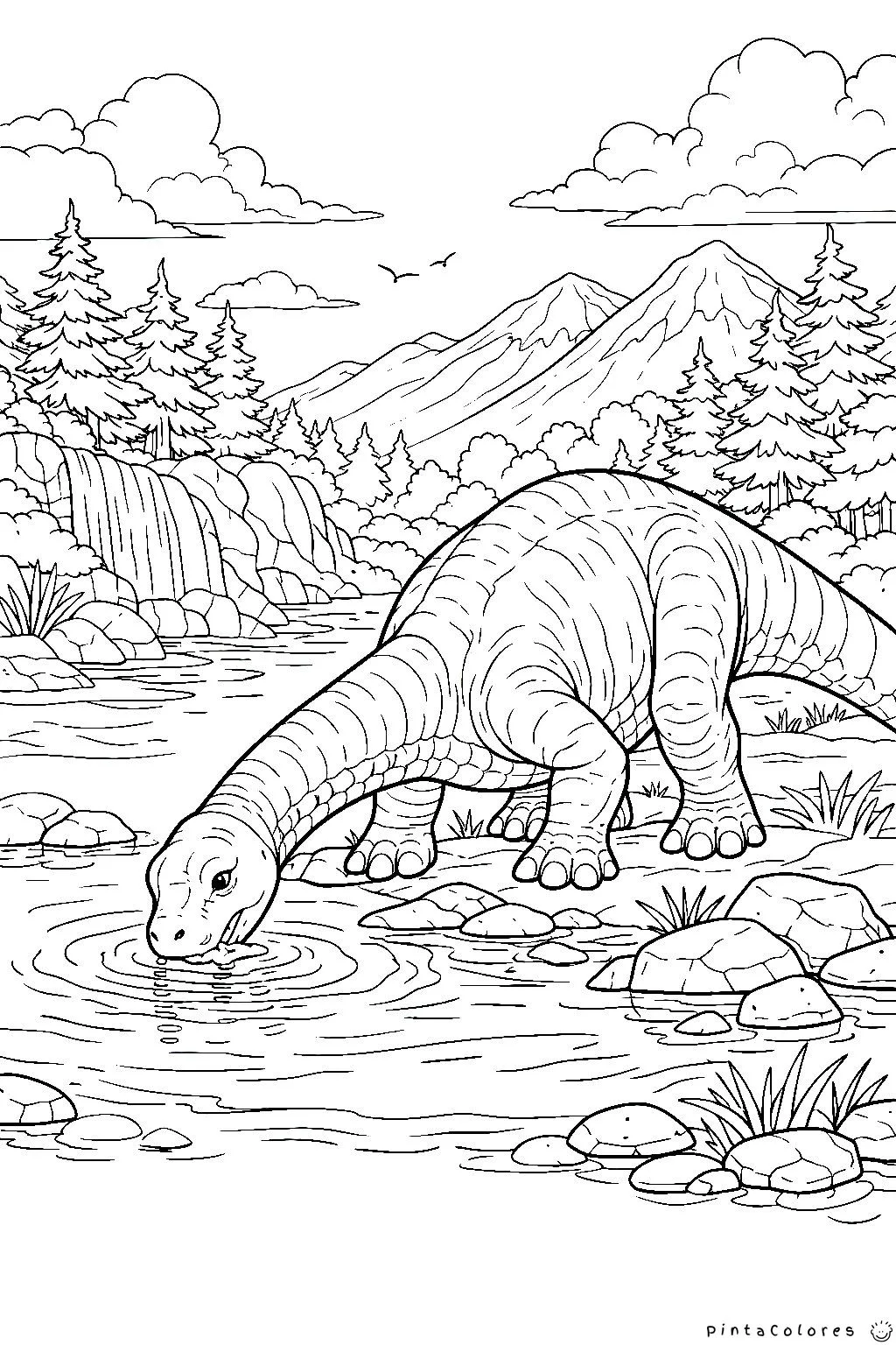 dinosaurio bebiendo agua en un río dibujo para colorear