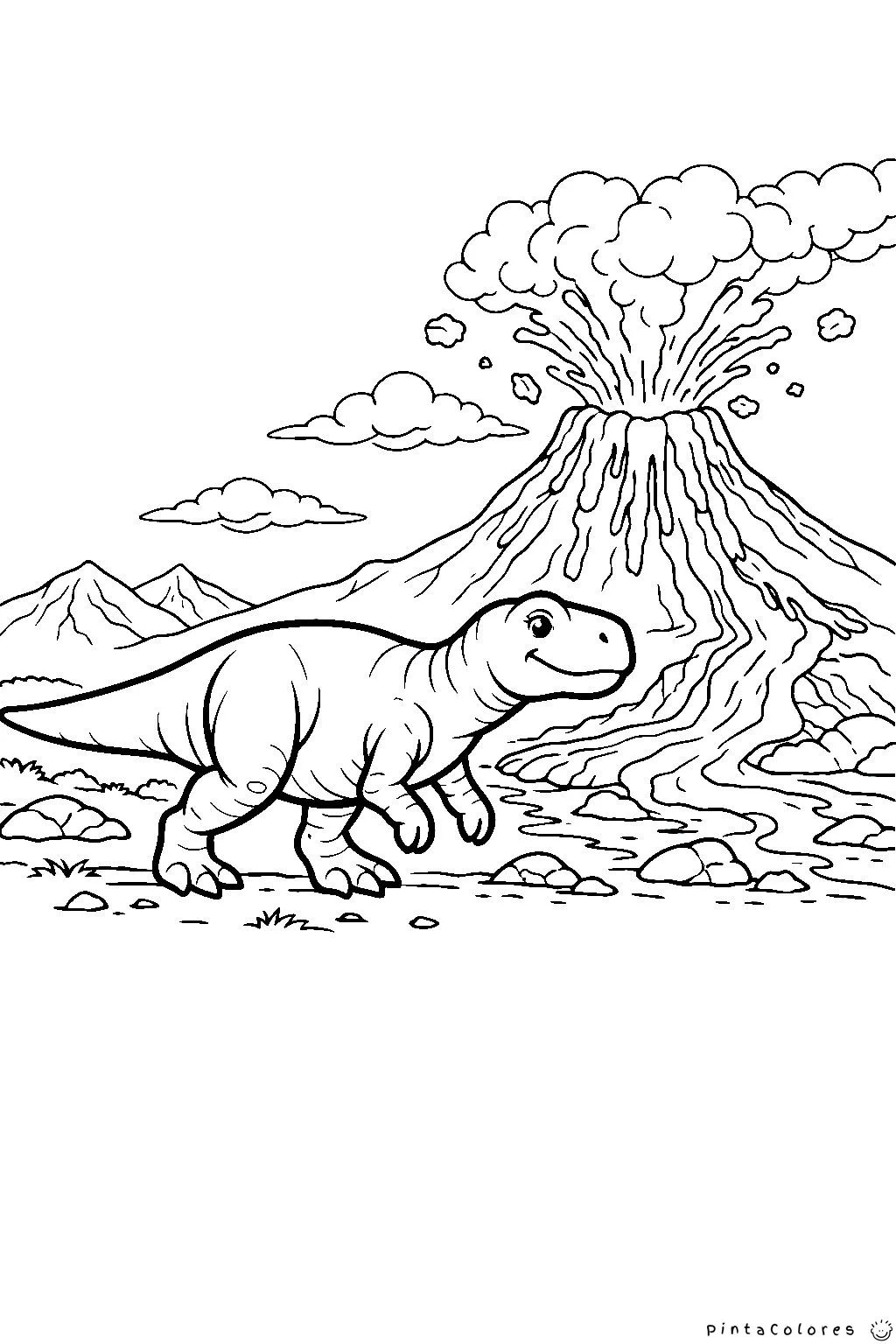 dinosaurio con volcán en erupción y lava dibujo para colorear