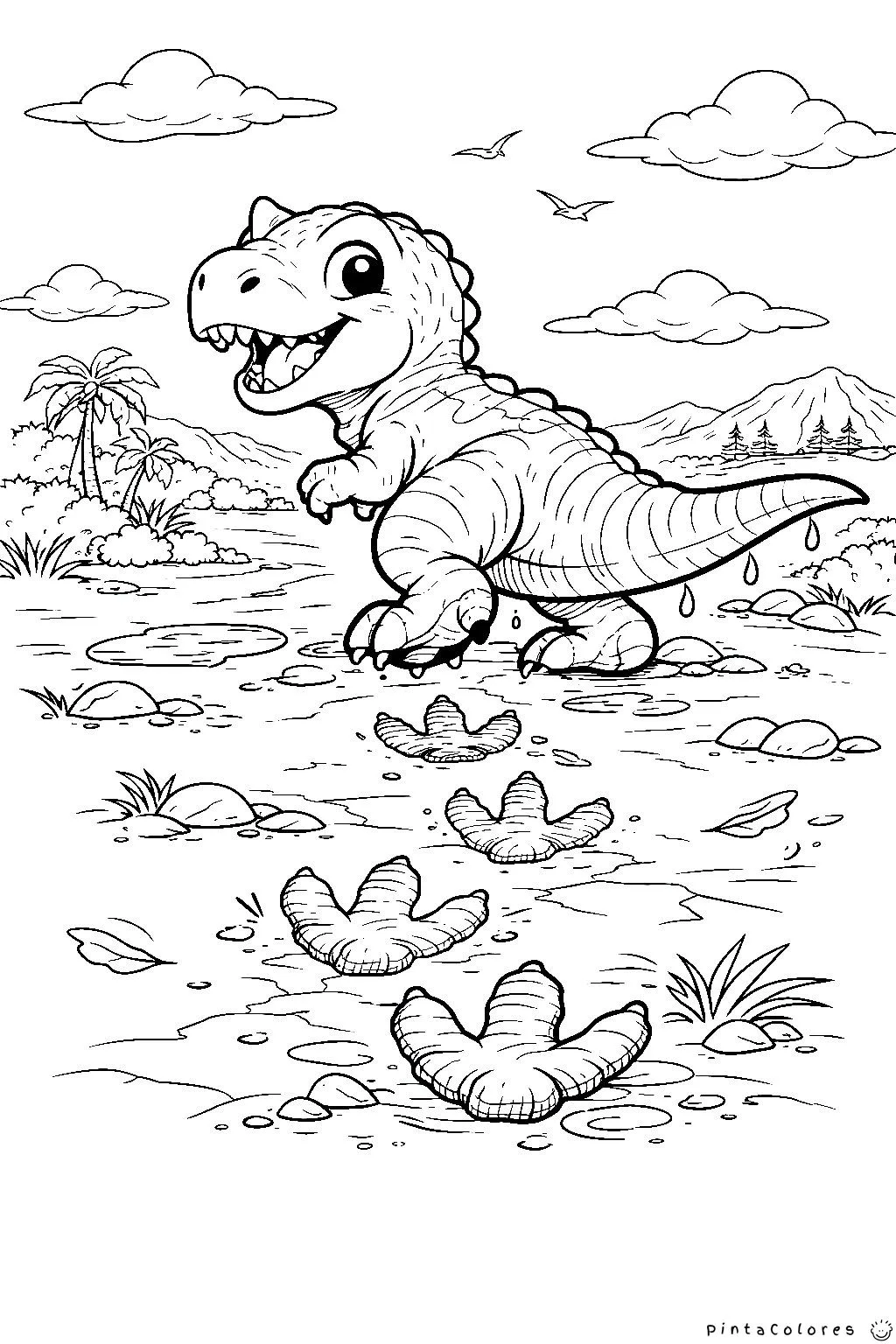 dinosaurio dejando huellas en el suelo dibujo para colorear