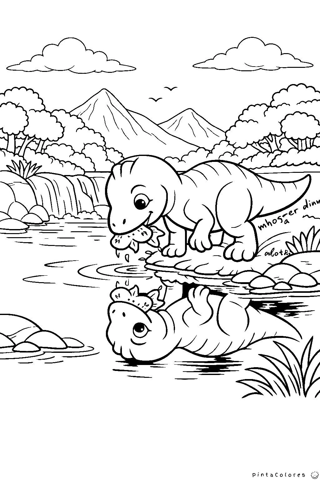 dinosaurio con reflejo en el agua del lago dibujo para colorear
