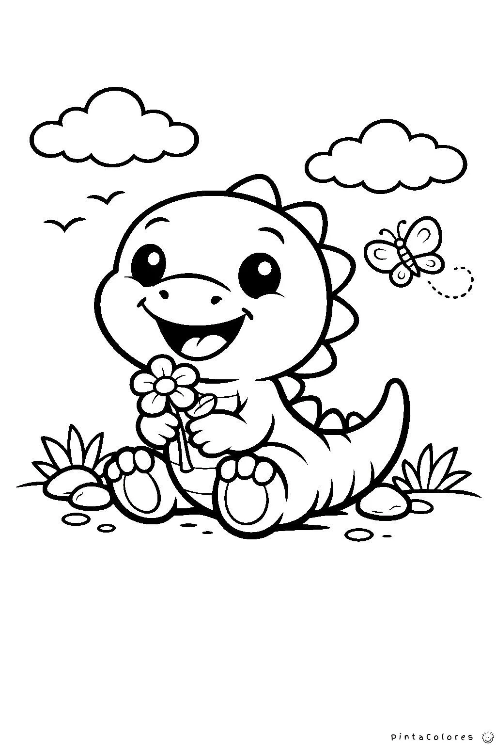 dinosaurio con una flor y una mariposa dibujo para colorear