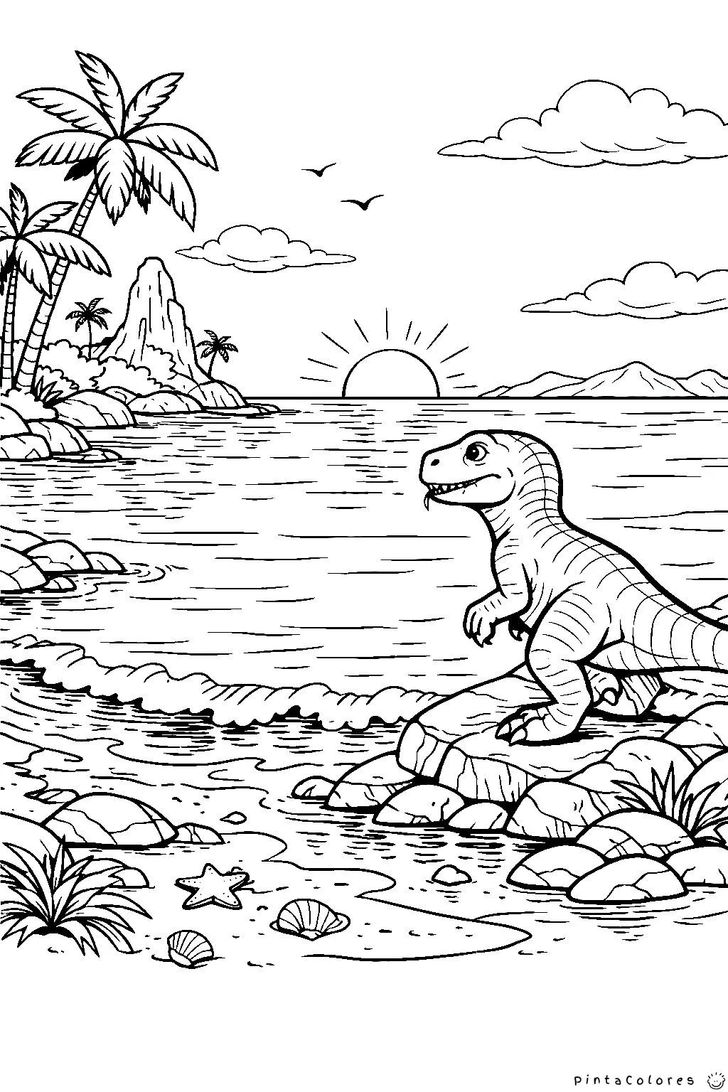 dinosaurio en la orilla del mar dibujo para colorear