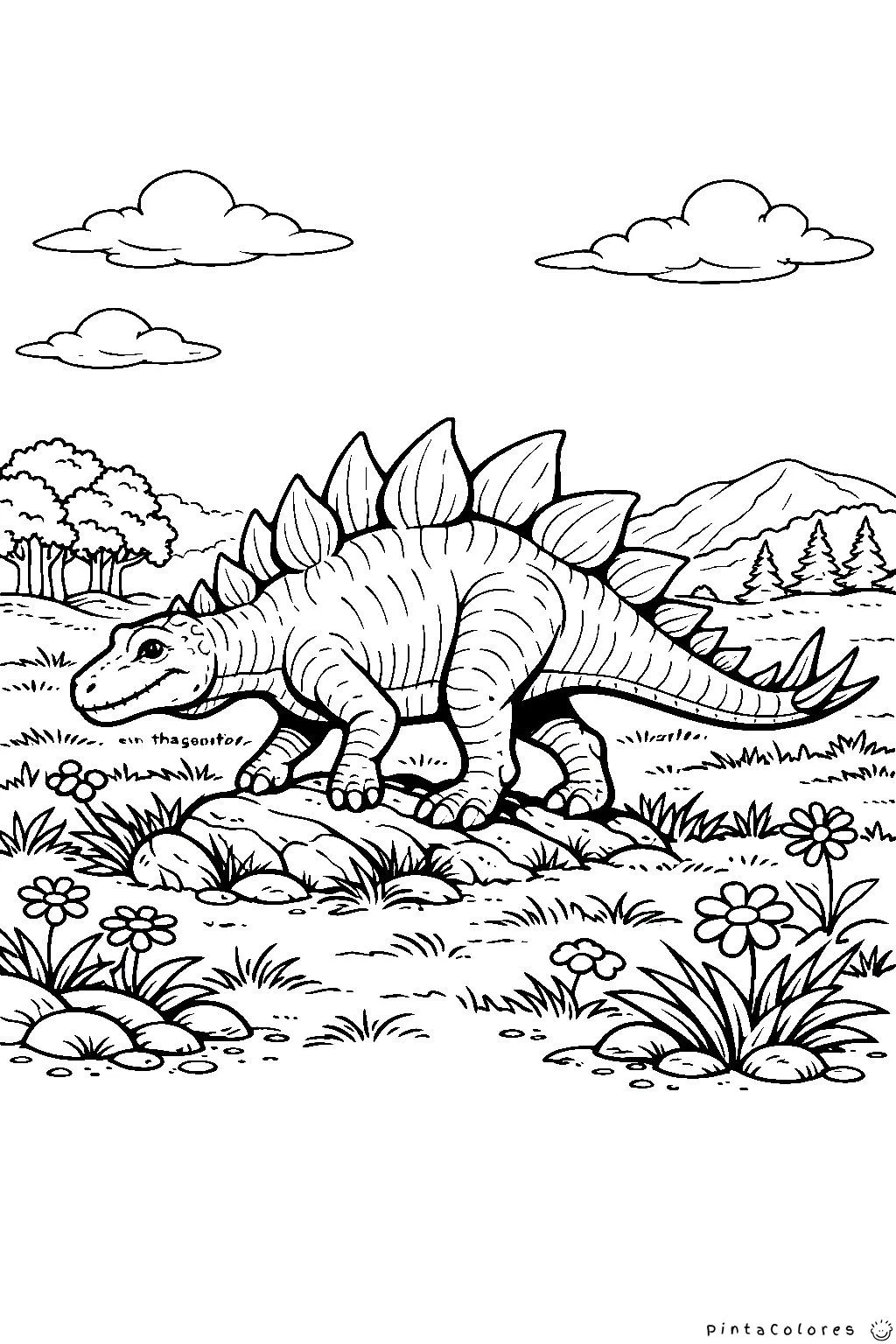 Dinosaurio en pradera prehistórica para colorear