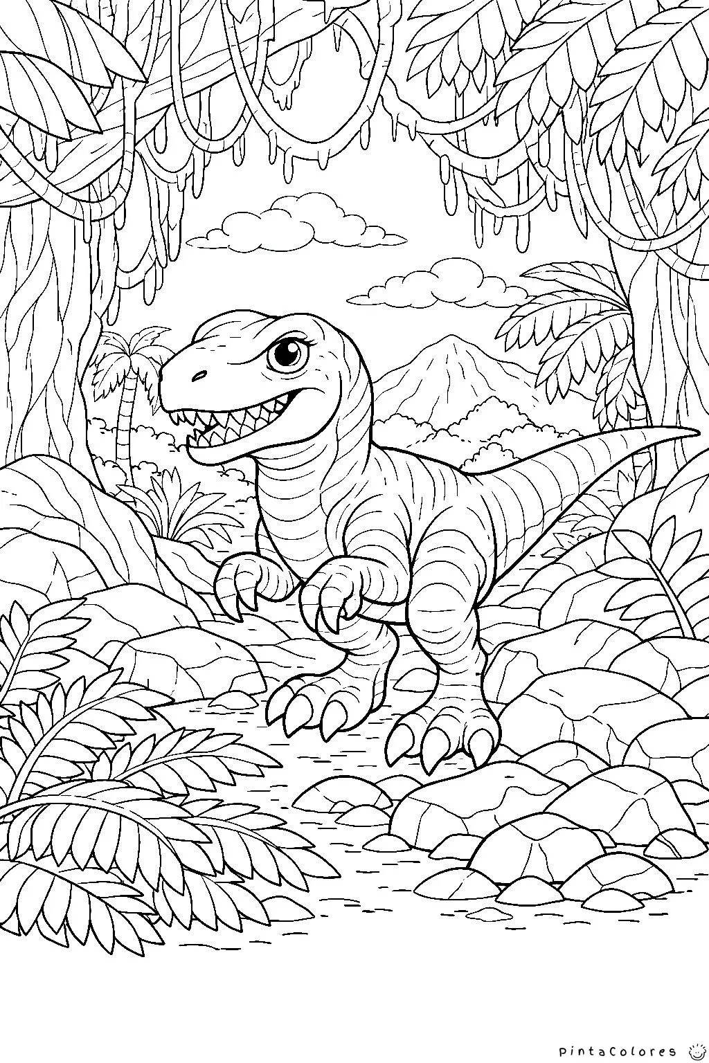 Dinosaurio en selva con rocas para colorear