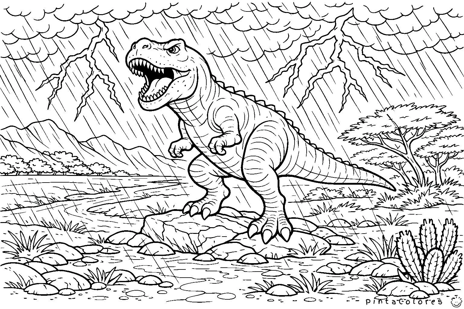 Dinosaurio en tormenta para colorear