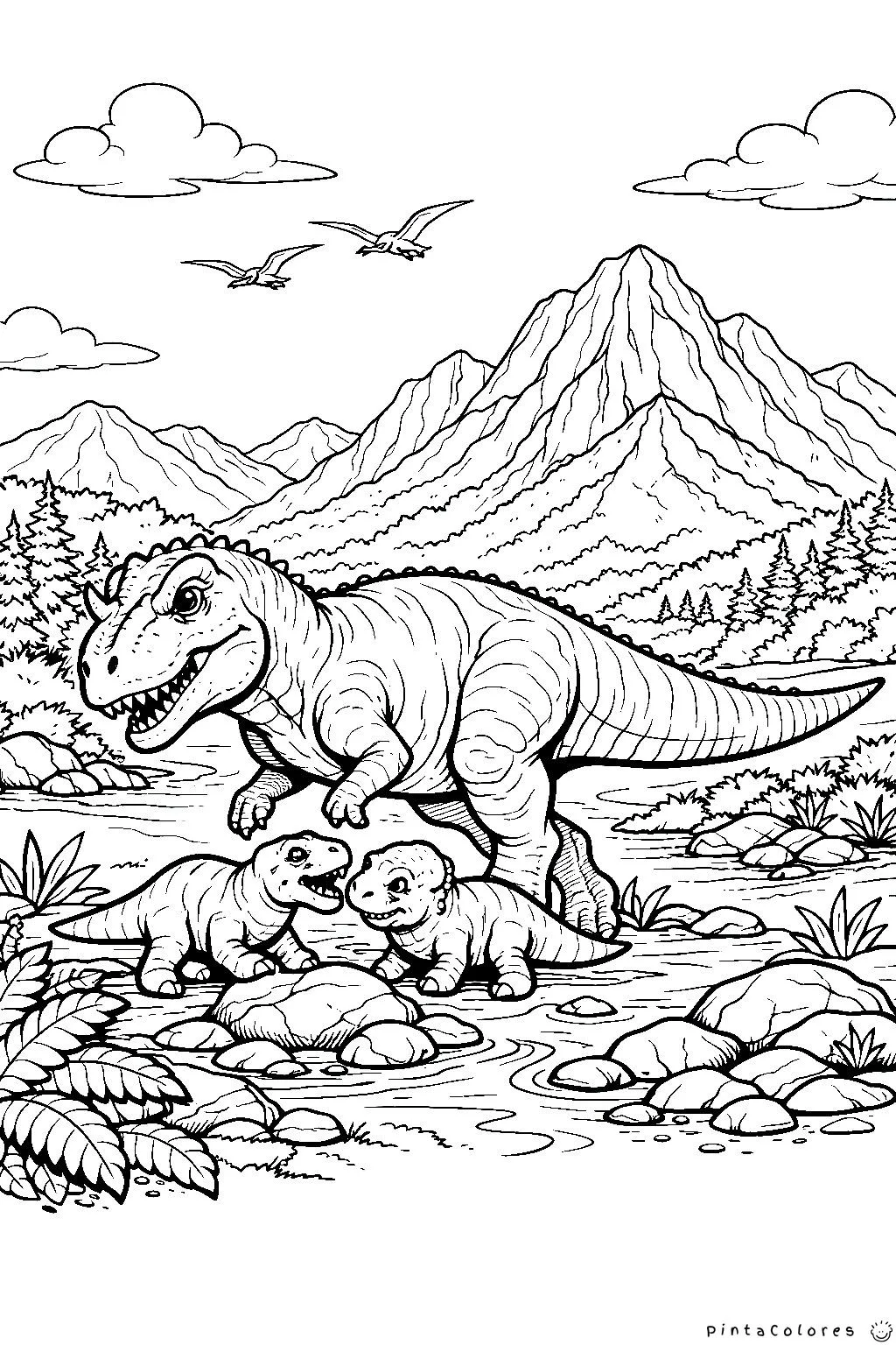 Dinosaurio en valle con montañas para colorear