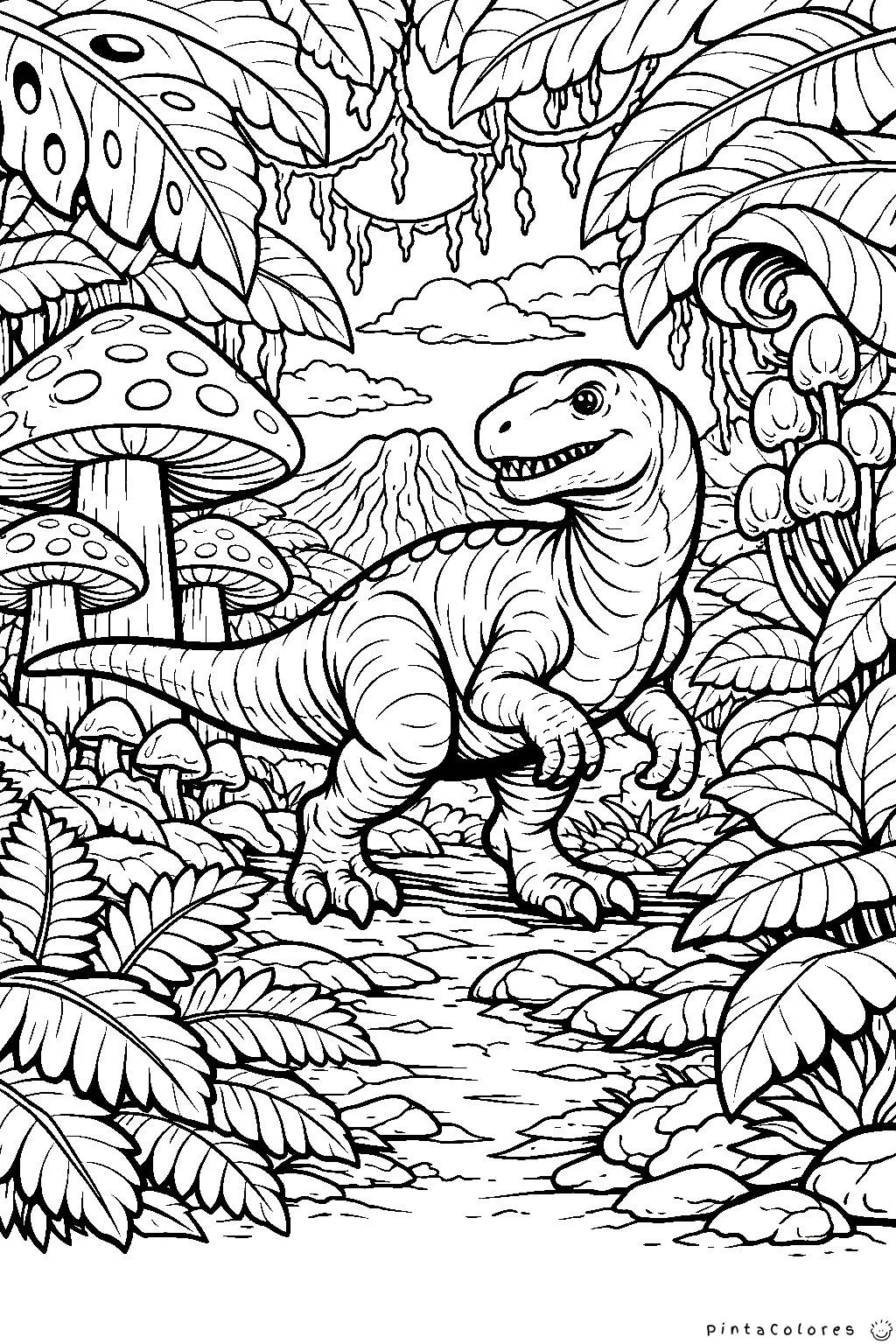 dinosaurio rodeado de plantas gigantes dibujo para colorear
