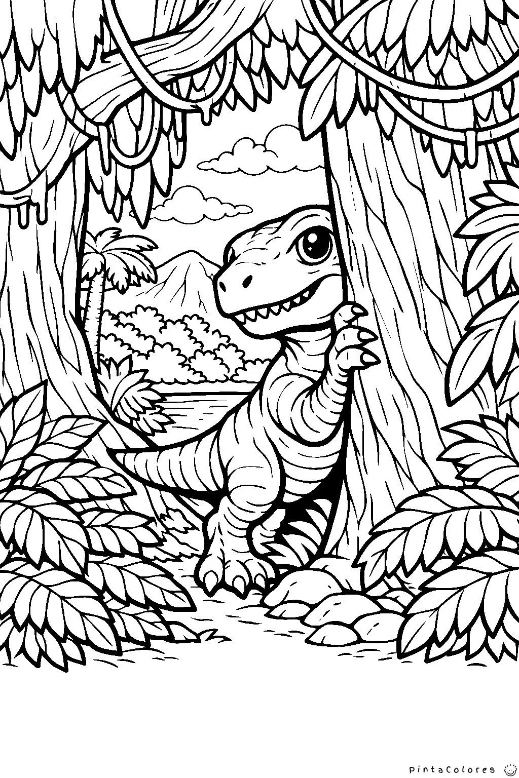 dinosaurio escondido entre árboles dibujo para colorear