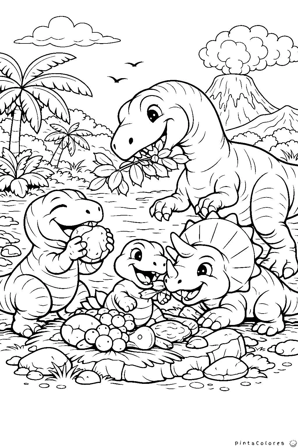 dinosaurios compartiendo comida dibujo para colorear