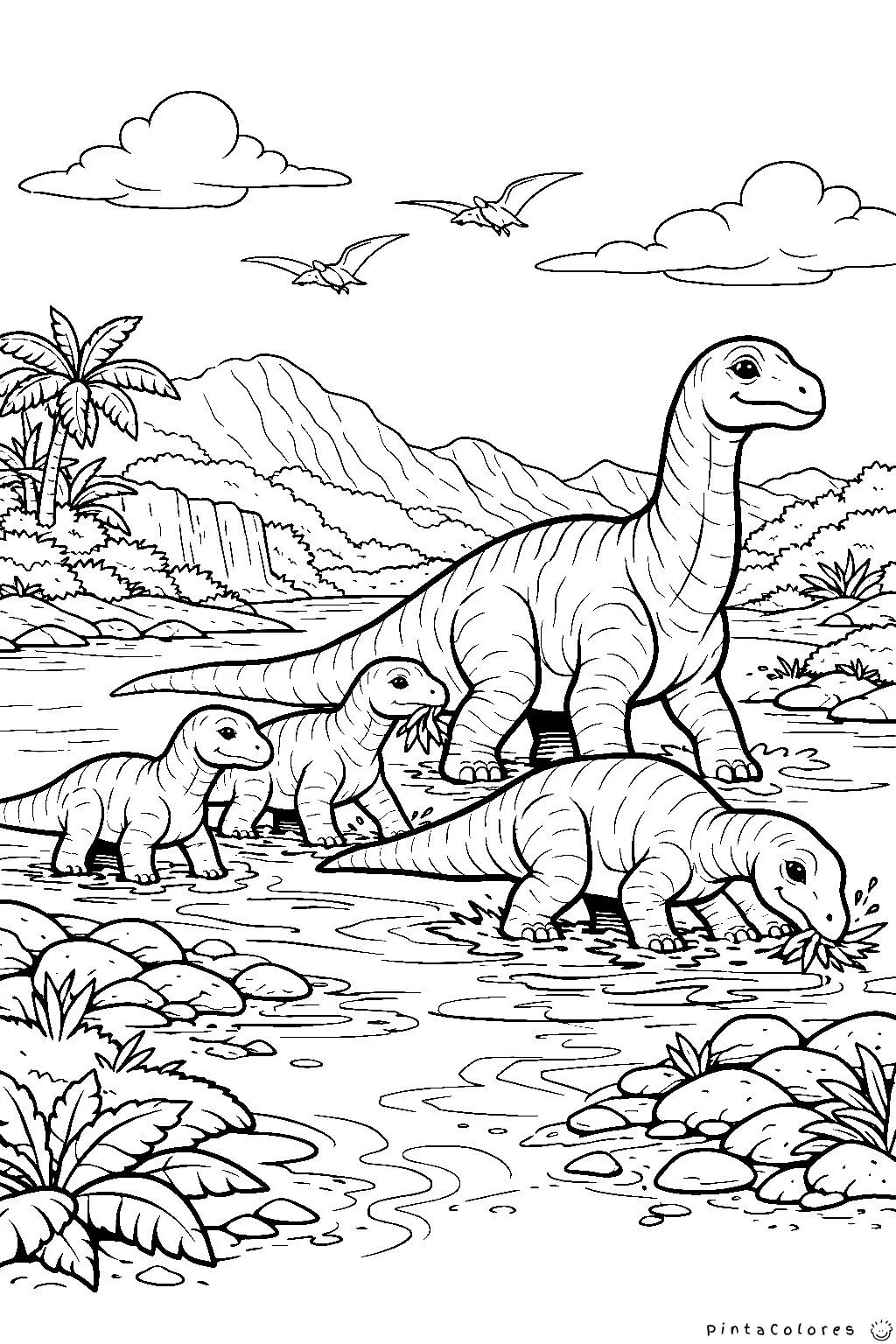 grupo de dinosaurios cruzando juntos dibujo para colorear