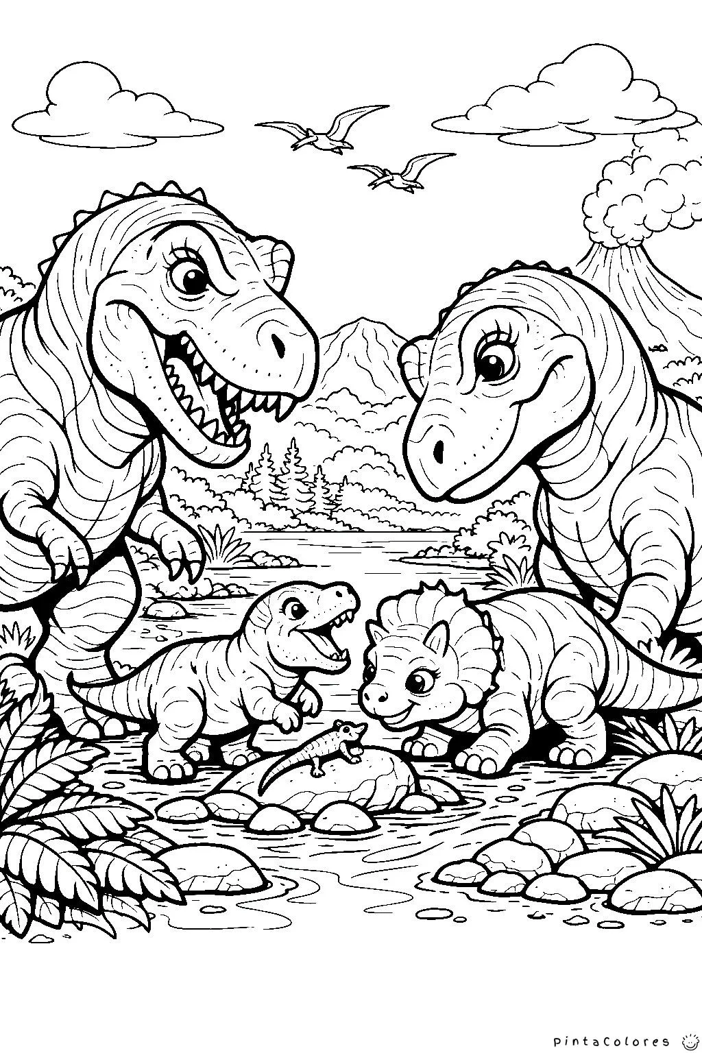 familia de dinosaurios con crías dibujo para colorear