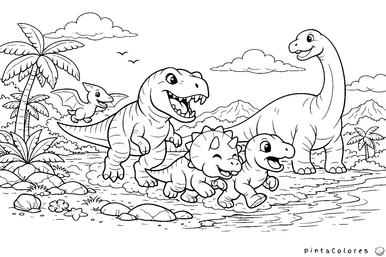 grupo de dinosaurios caminando dibujo para colorear