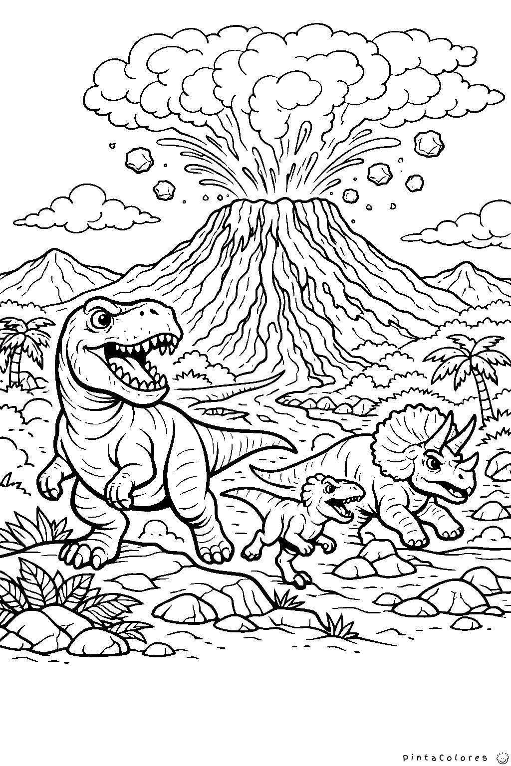 dinosaurios huyendo de un volcán en erupción dibujo para colorear