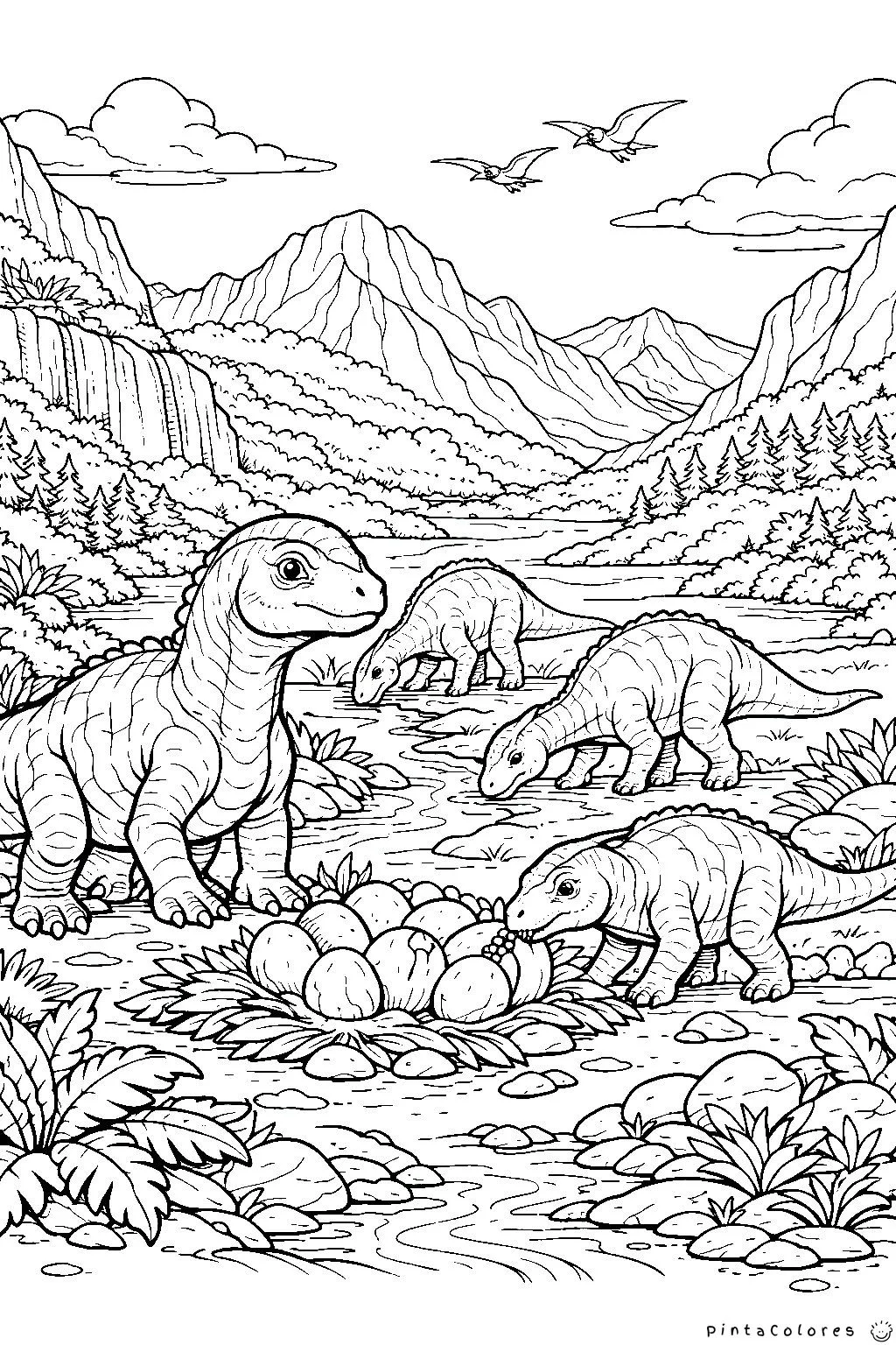 grupo de dinosaurios en un valle dibujo para colorear