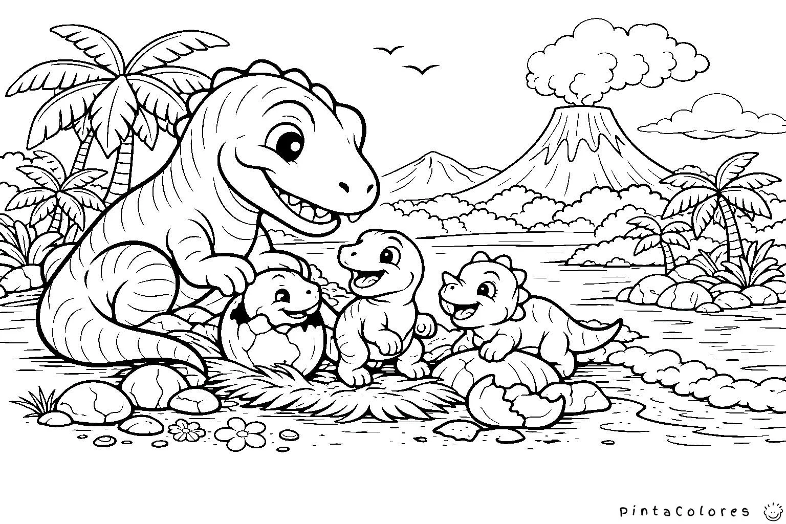 Madre dinosaurio con crías para colorear