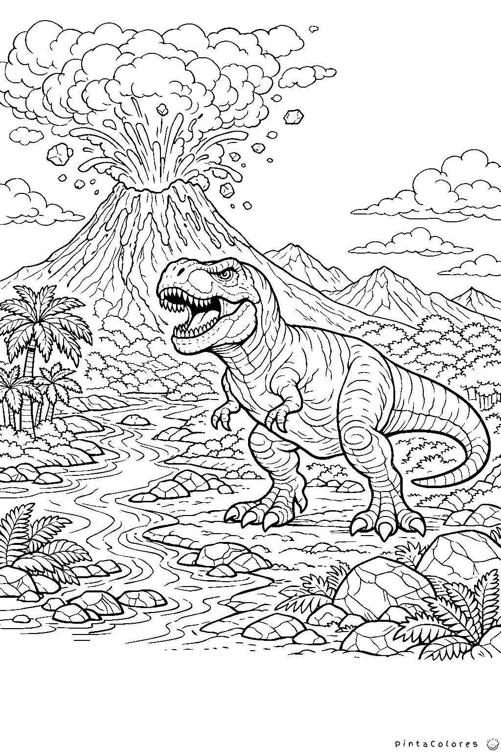 T-Rex frente a volcán en erupción para colorear