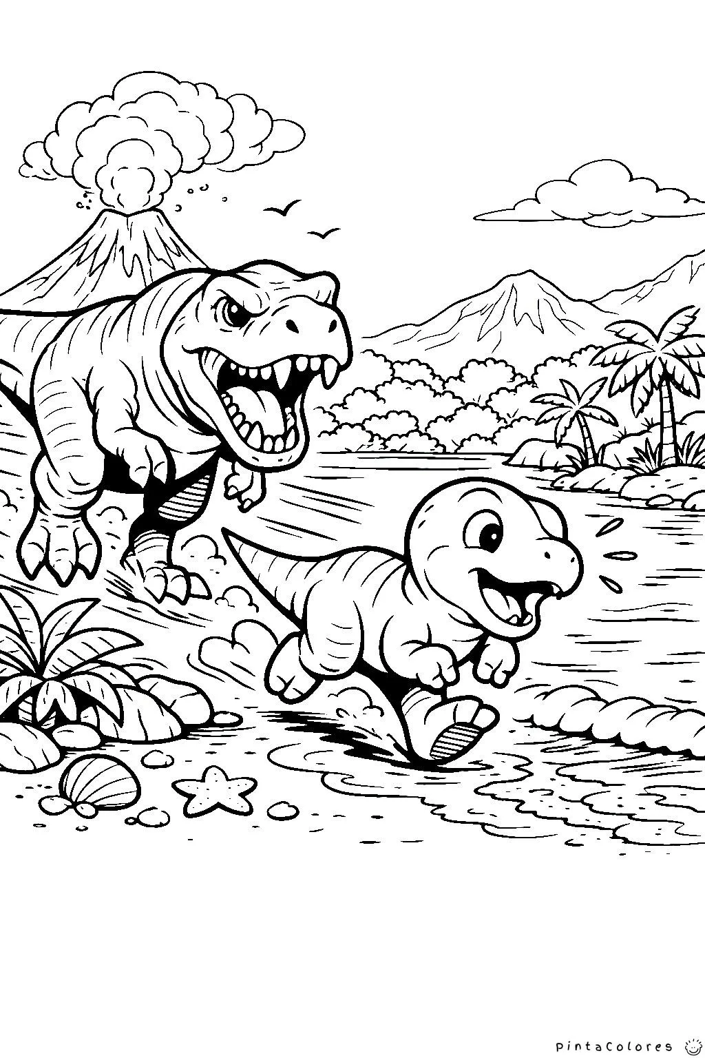 T-Rex persiguiendo otro dinosaurio para colorear