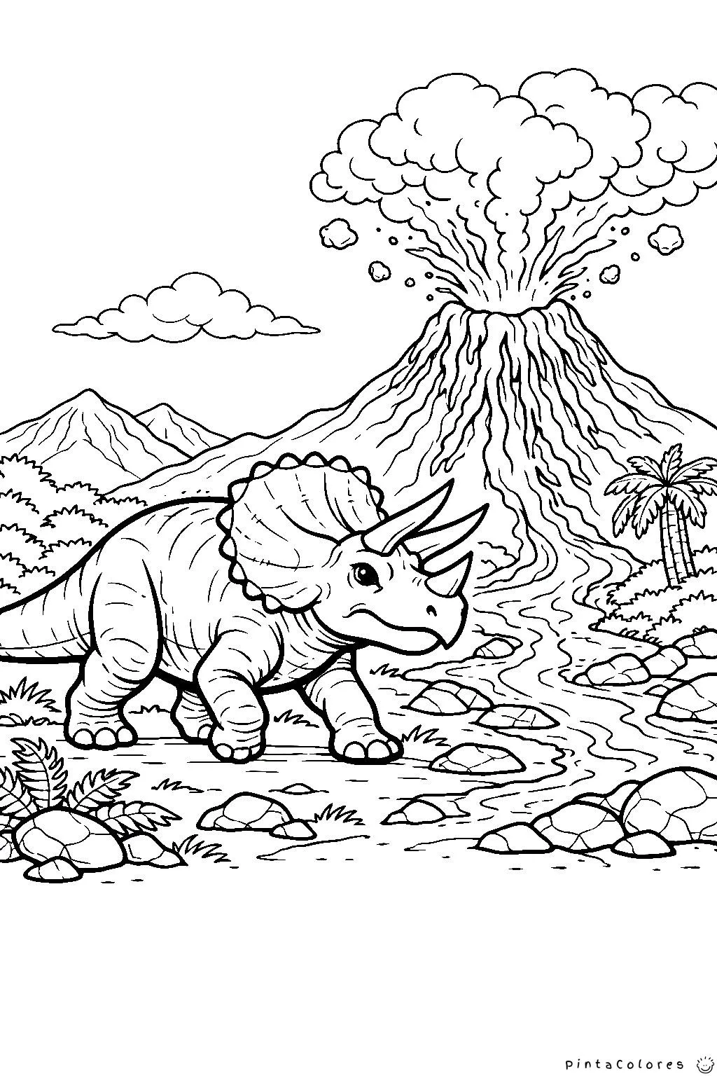 triceratops cerca de un volcán activo dibujo para colorear