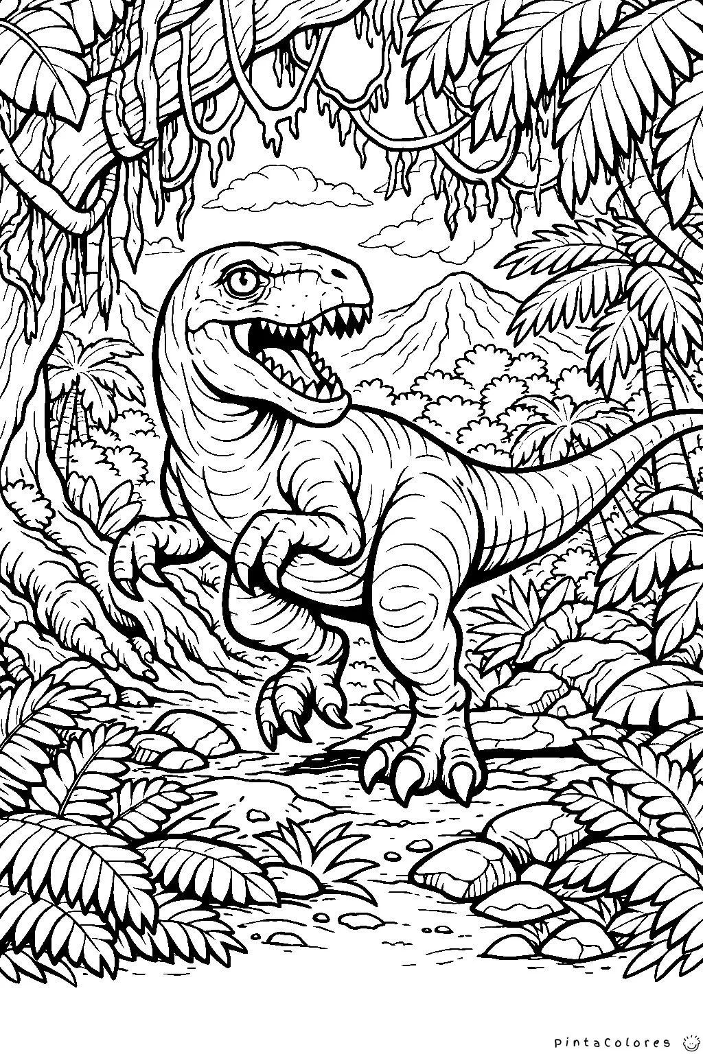 velociraptor en jungla densa dibujo para colorear