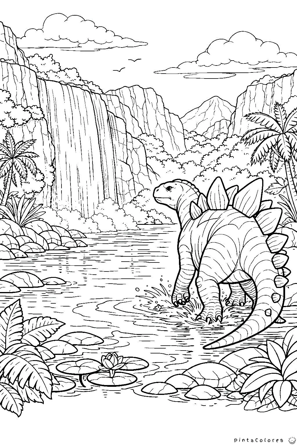 Dinosaurio junto a una cascada para colorear