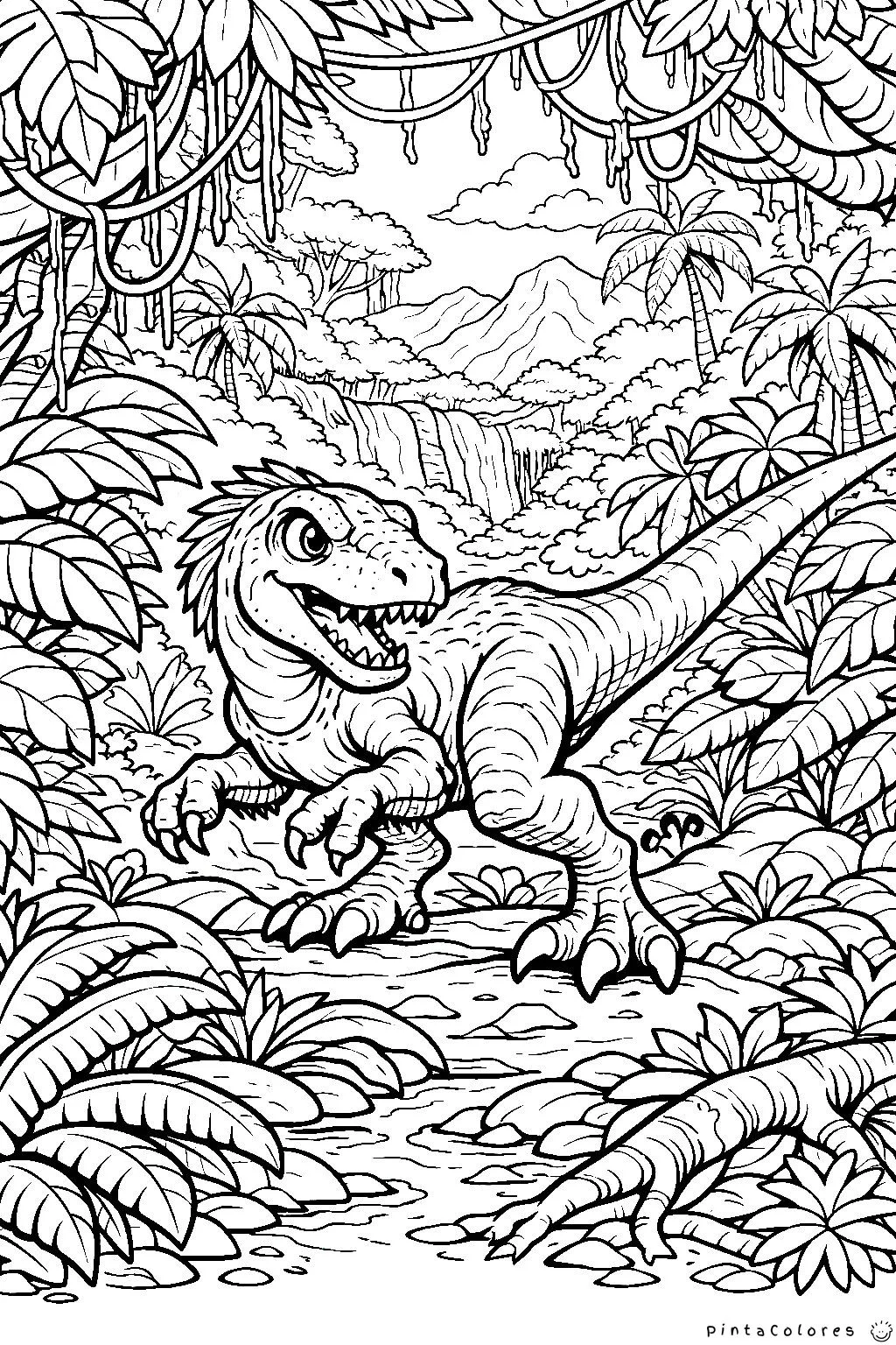 velociraptor en jungla con múltiples capas de vegetación dibujo para colorear