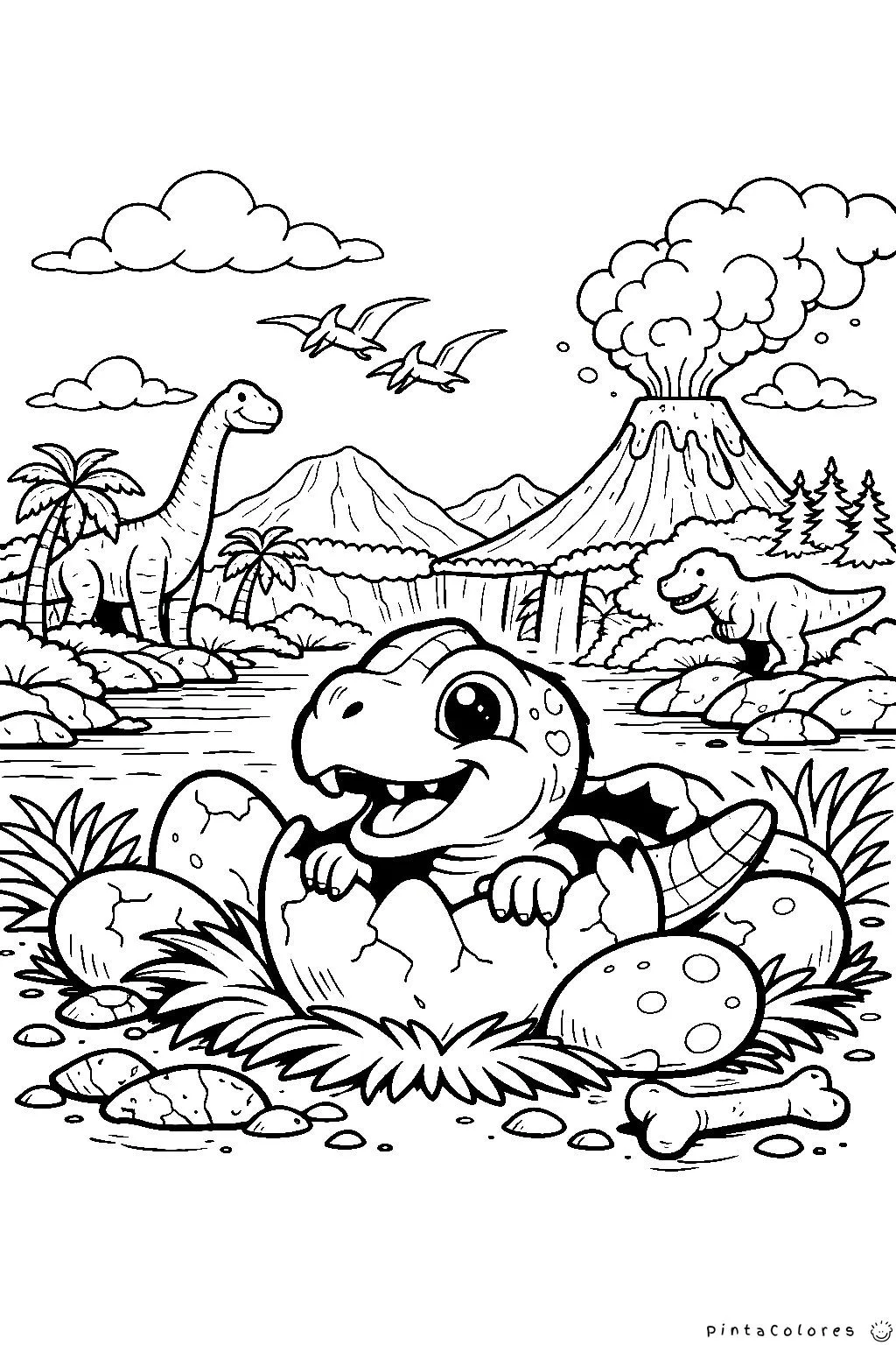 Bebé T-Rex saliendo del huevo con paisaje prehistórico para colorear