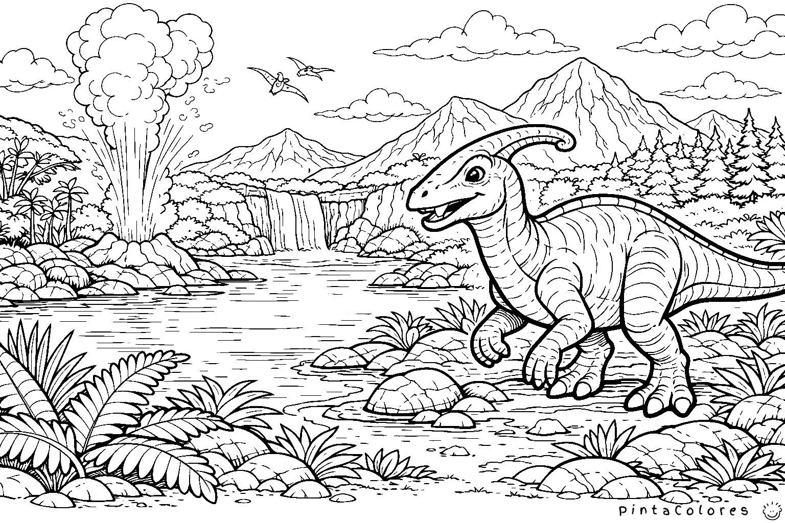 parasaurolophus en paisaje con lago cascada géiser y montañas dibujo para colorear