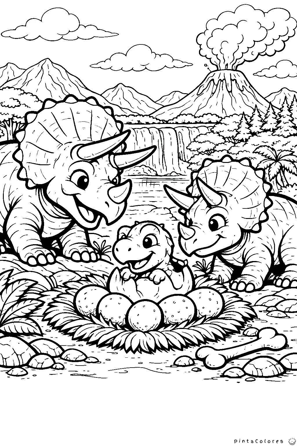 familia de triceratops cuidando huevos dibujo para colorear