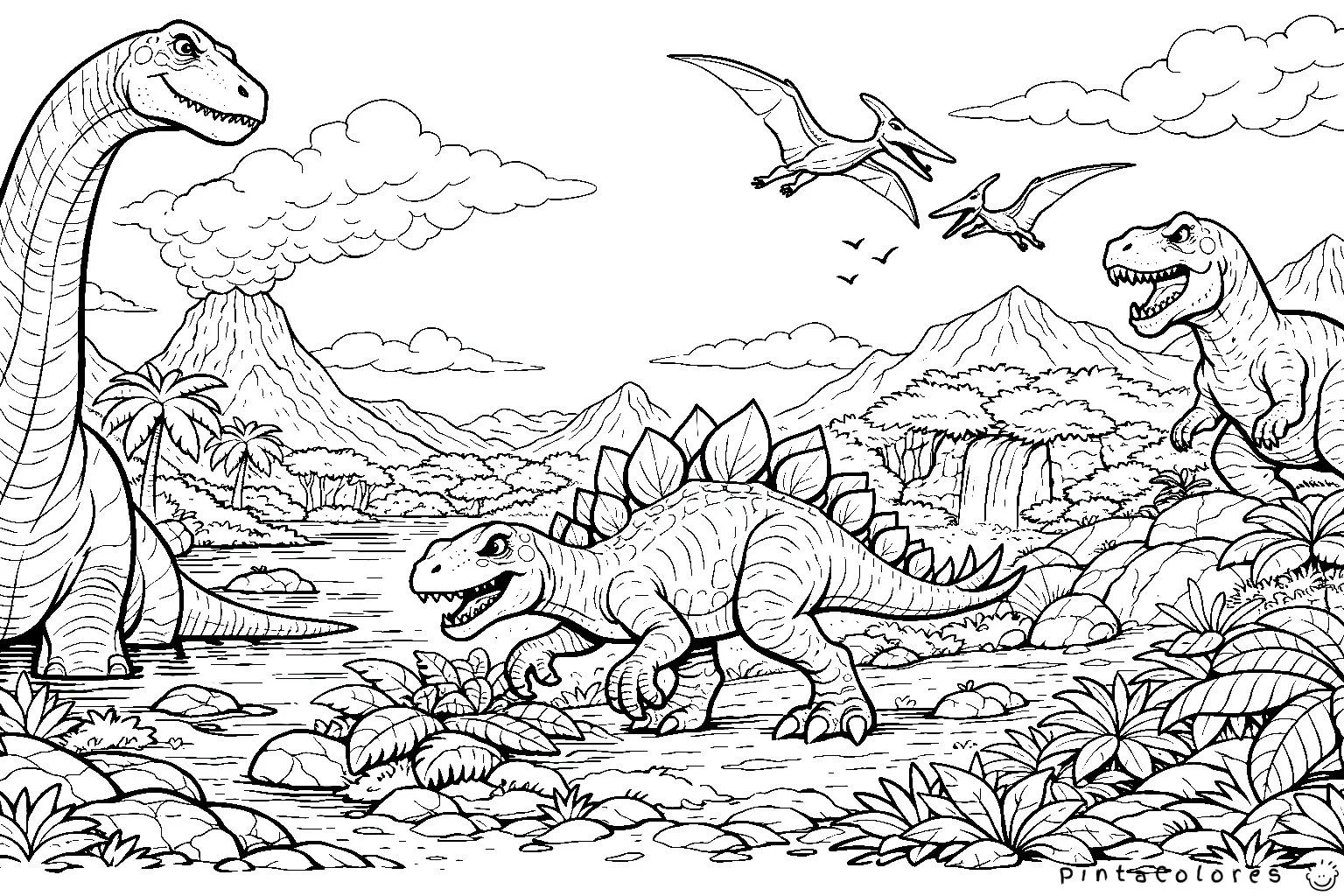 escena panorámica con brachiosaurus stegosaurus pteranodon y t rex dibujo para colorear