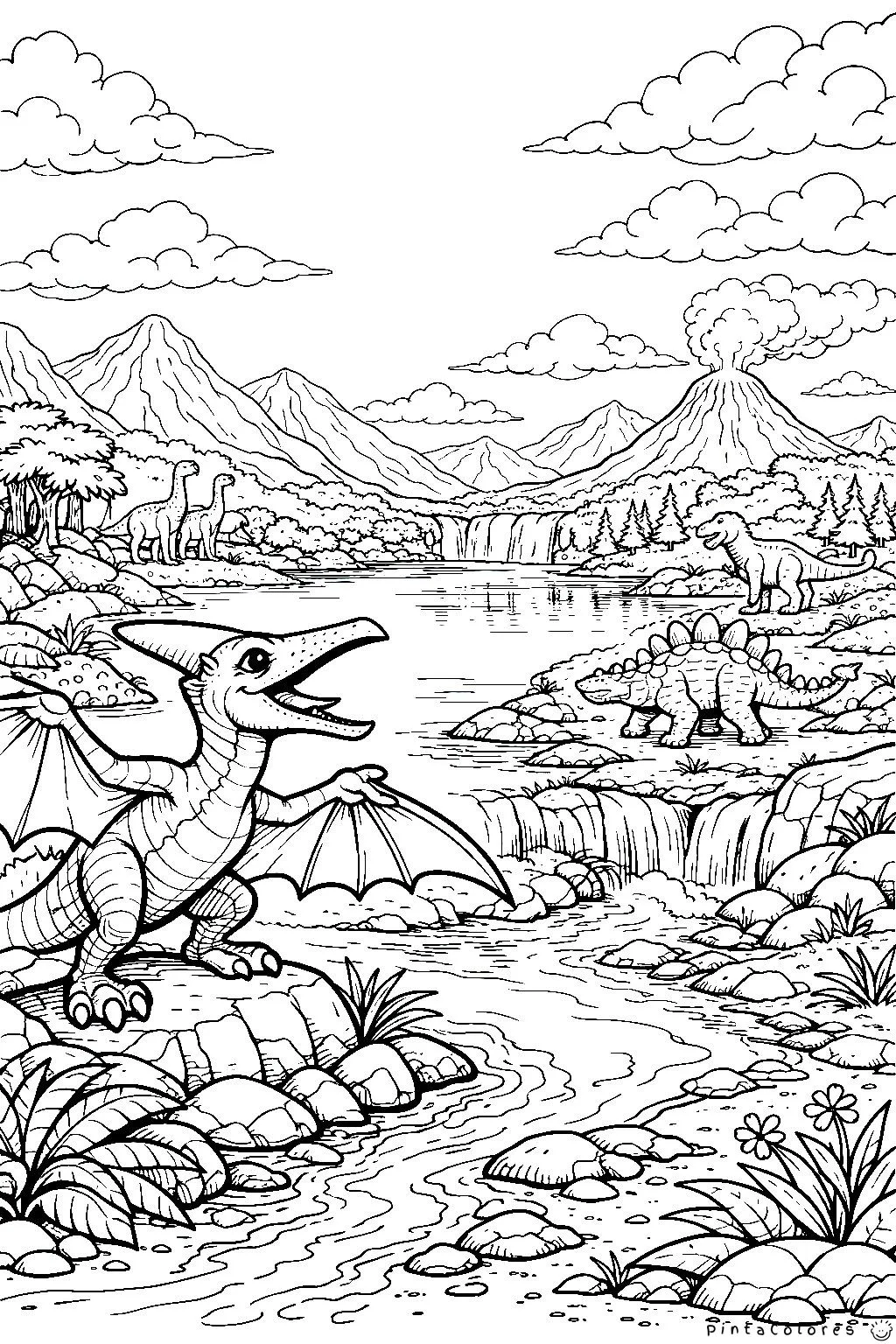 pteranodon en primer plano con dinosaurios al fondo dibujo para colorear