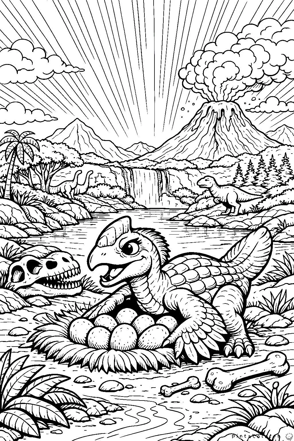 oviraptor con bebé dinosaurio saliendo del huevo dibujo para colorear
