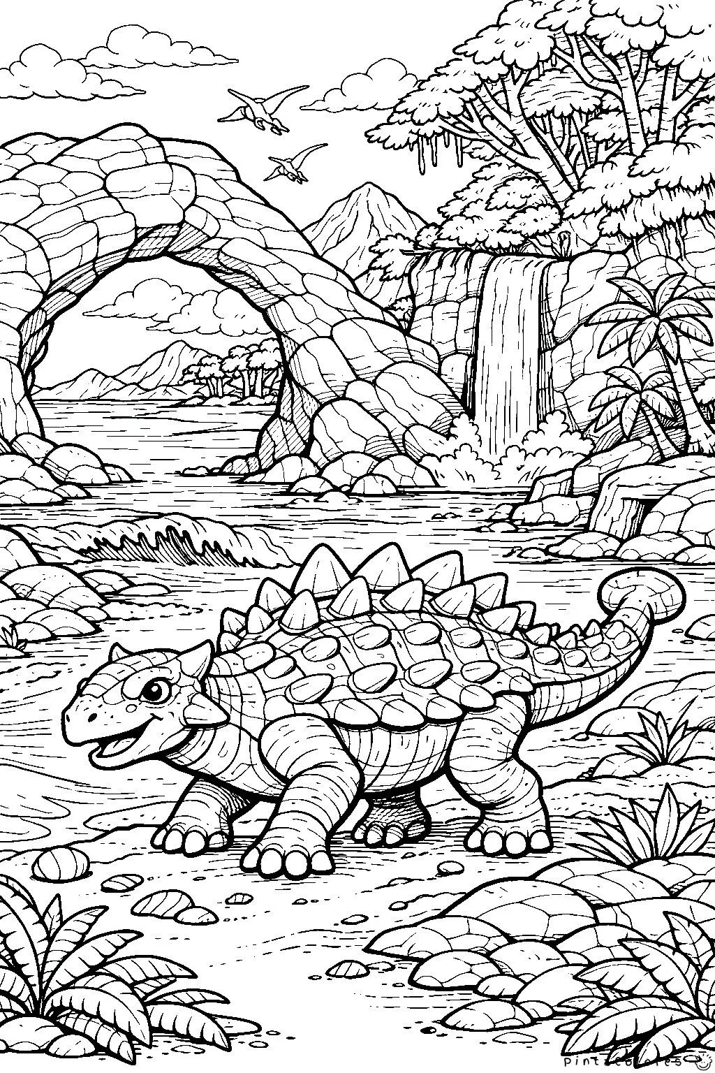 ankylosaurus en paisaje con cueva cascada playa y rocas dibujo para colorear