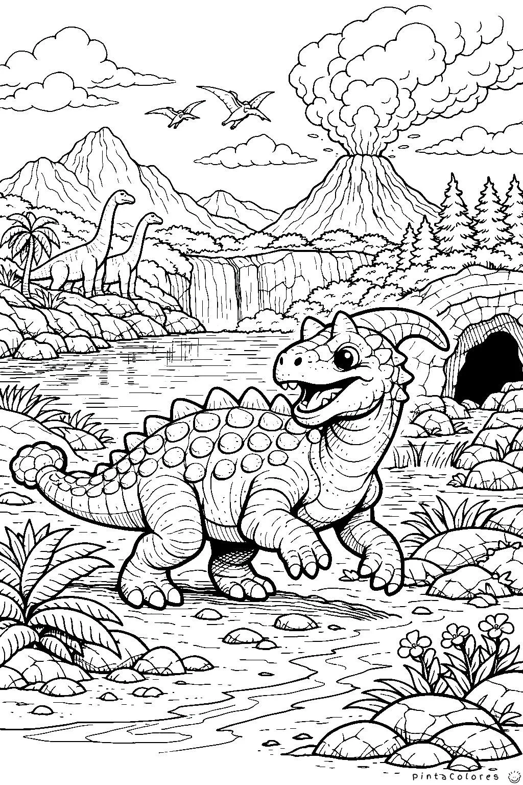 ceratosaurus en paisaje con lago cascada volcán y montañas dibujo para colorear