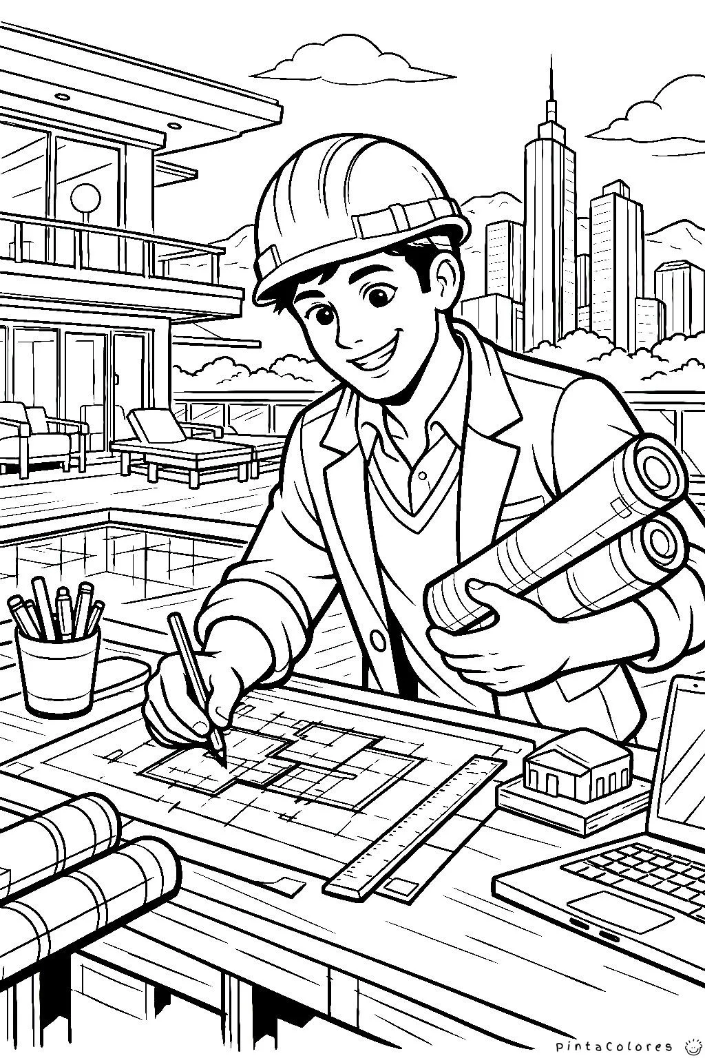 arquitecto sosteniendo planos con edificios de fondo dibujo para colorear