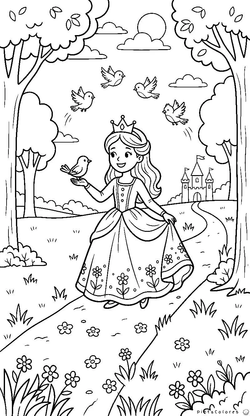 princesa con pájaros en un camino con castillo de fondo dibujo para colorear