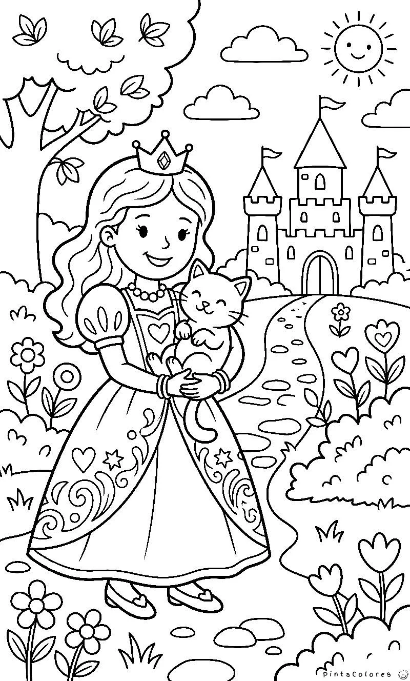princesa con gato en un jardín dibujo para colorear