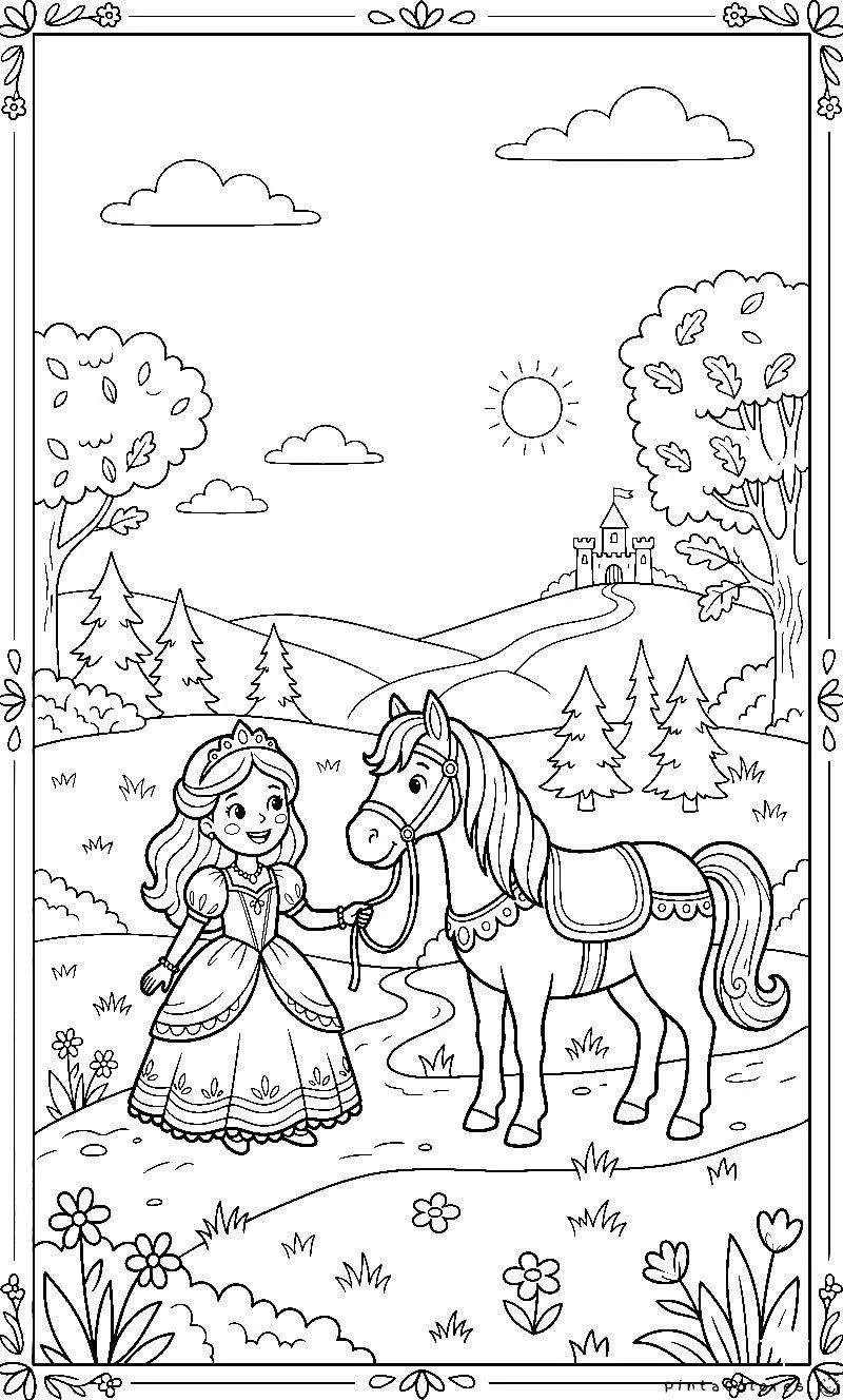 princesa con caballo en campo abierto dibujo para colorear