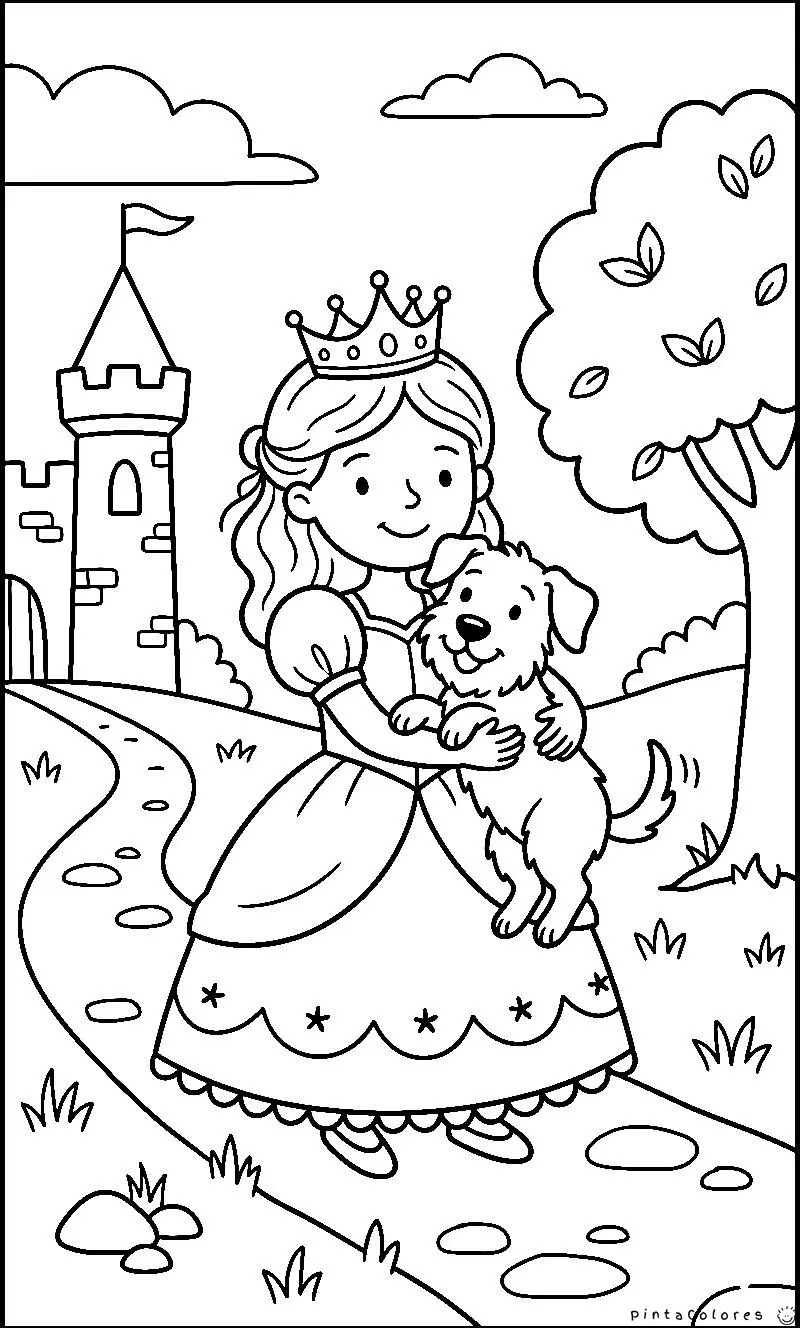 princesa con perro dibujo para colorear